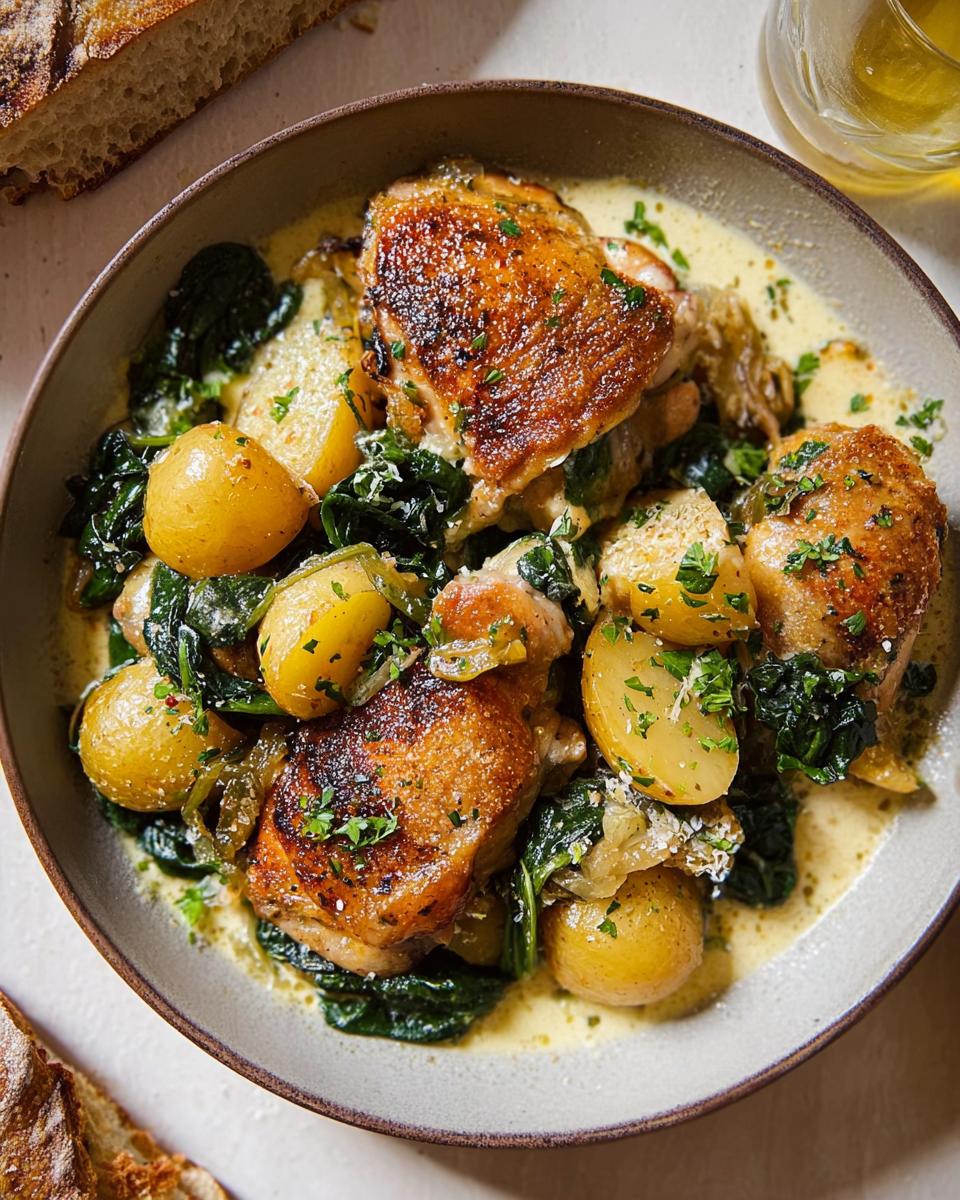 A bowl of Garlic Parmesan Chicken Thighs and Potatoes with a creamy sauce and fresh parsley garnish.