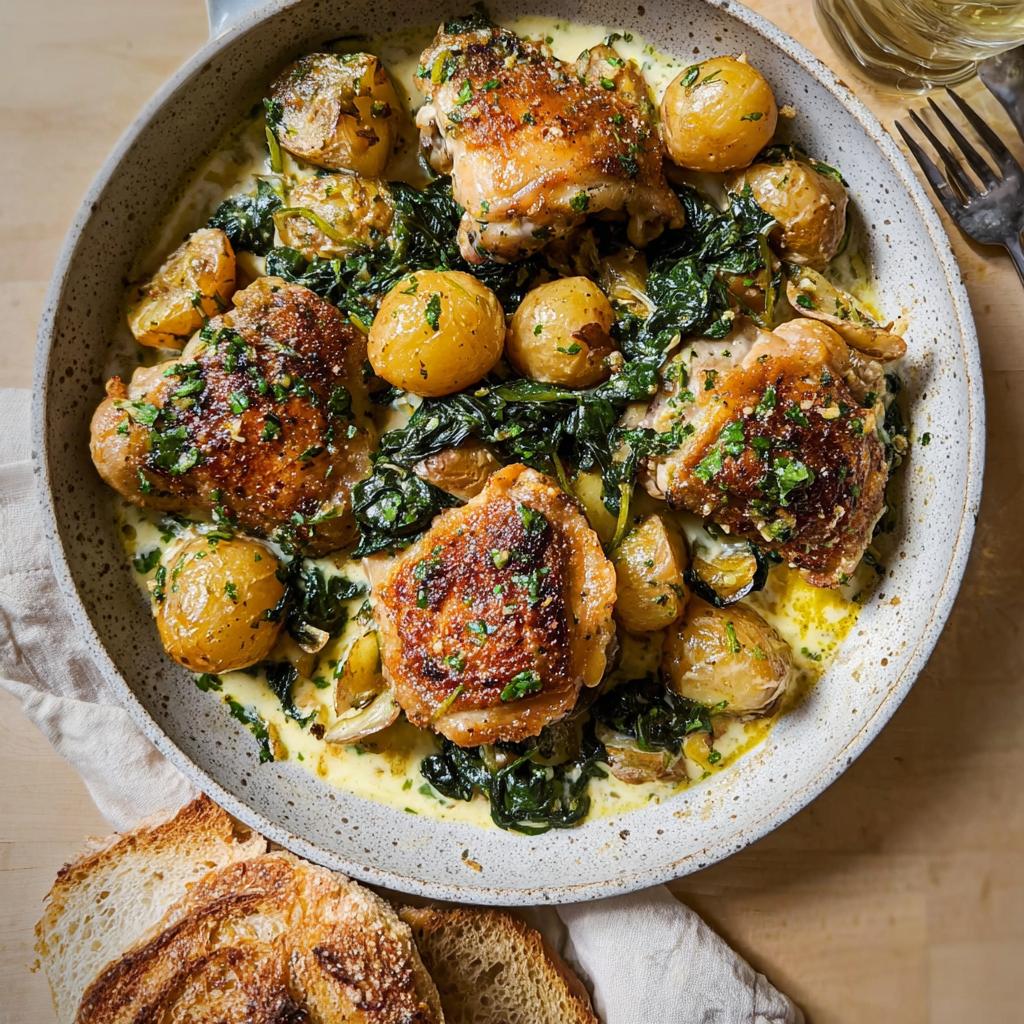 A close-up overhead view of Garlic Parmesan Chicken Thighs and Potatoes served in a creamy sauce, garnished with parsley.