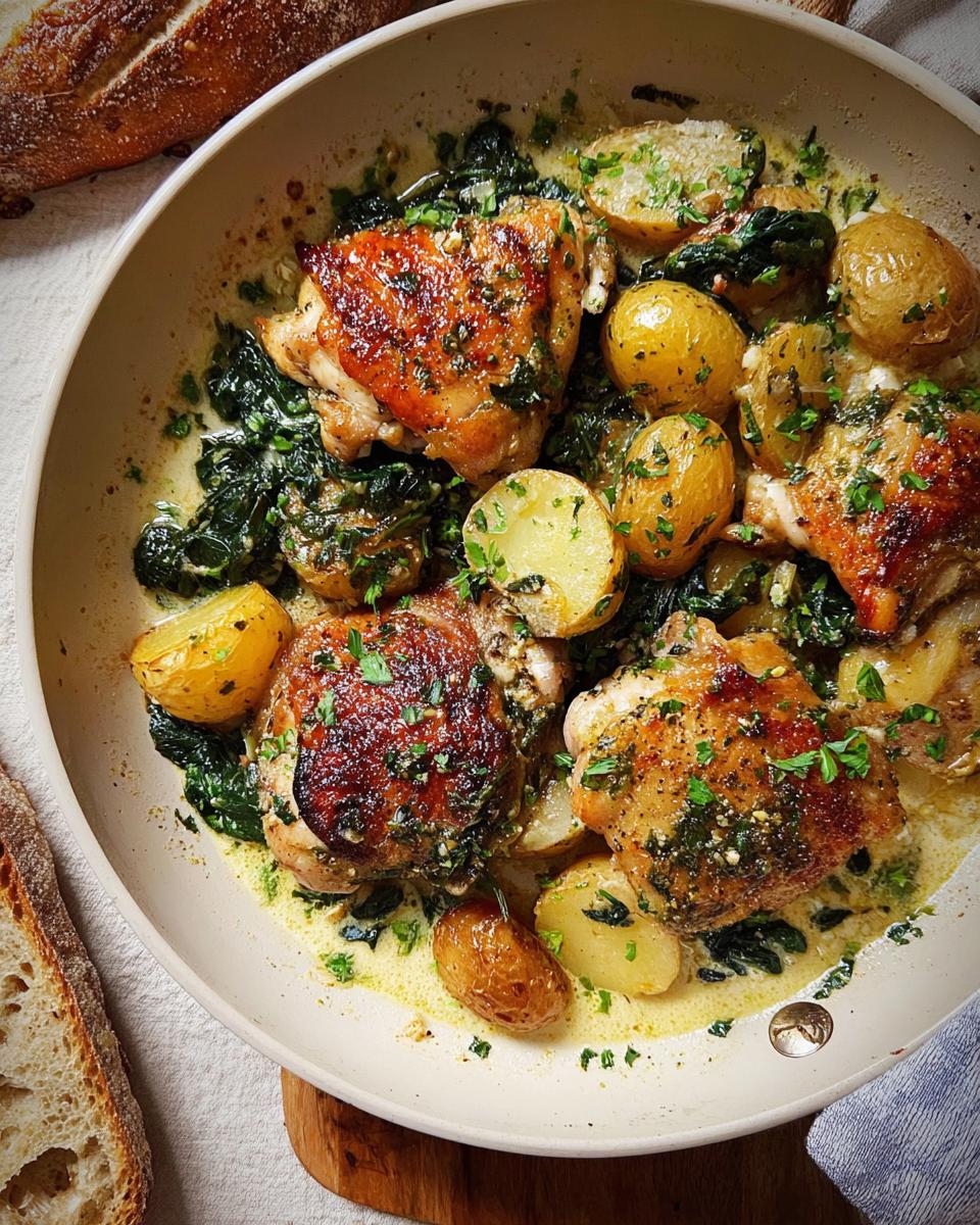 Close-up of Garlic Parmesan Chicken Thighs and Potatoes cooked in a creamy sauce with spinach, garnished with parsley.