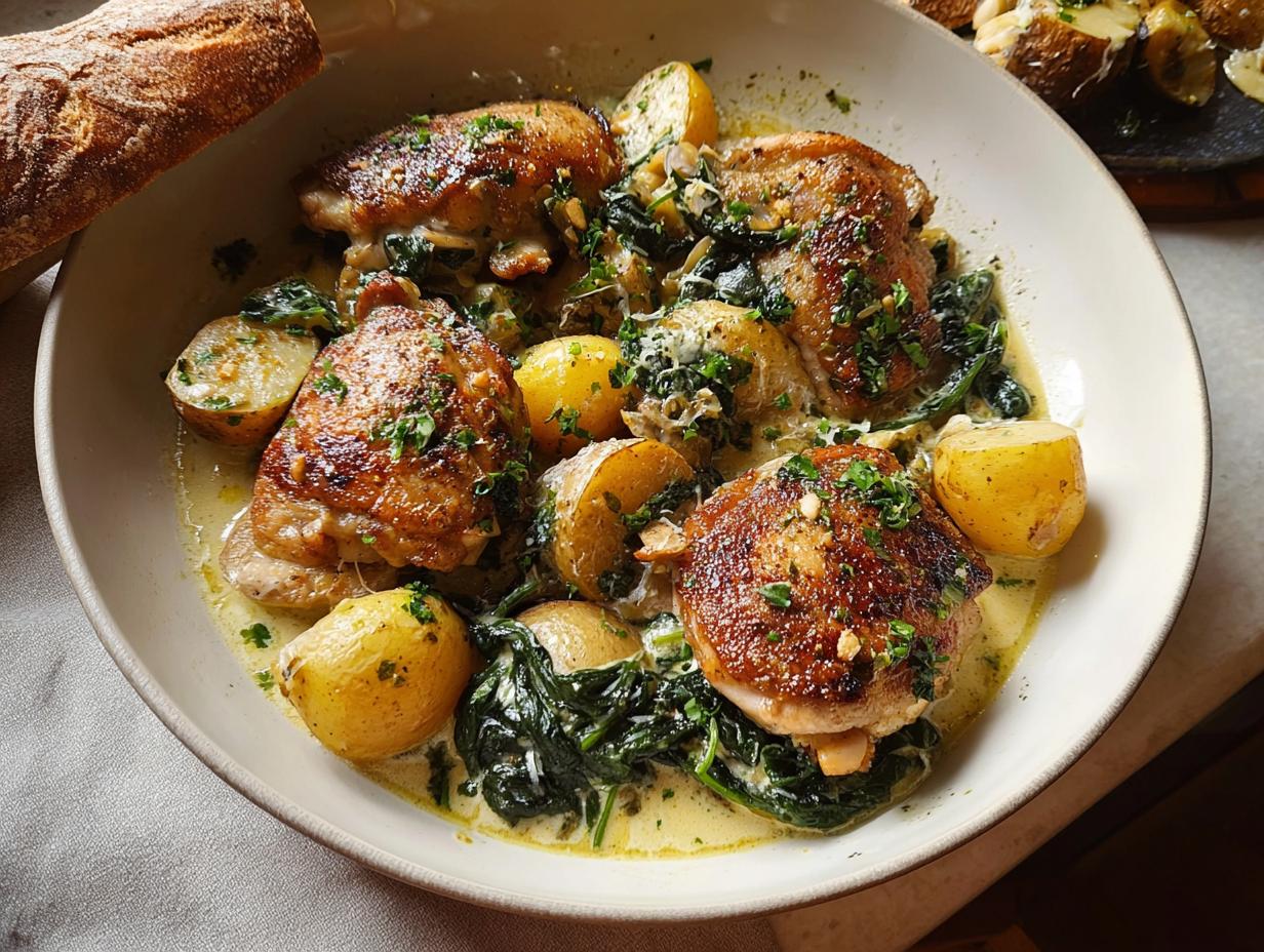A close-up of Garlic Parmesan Chicken Thighs and Potatoes in a creamy sauce, garnished with parsley.