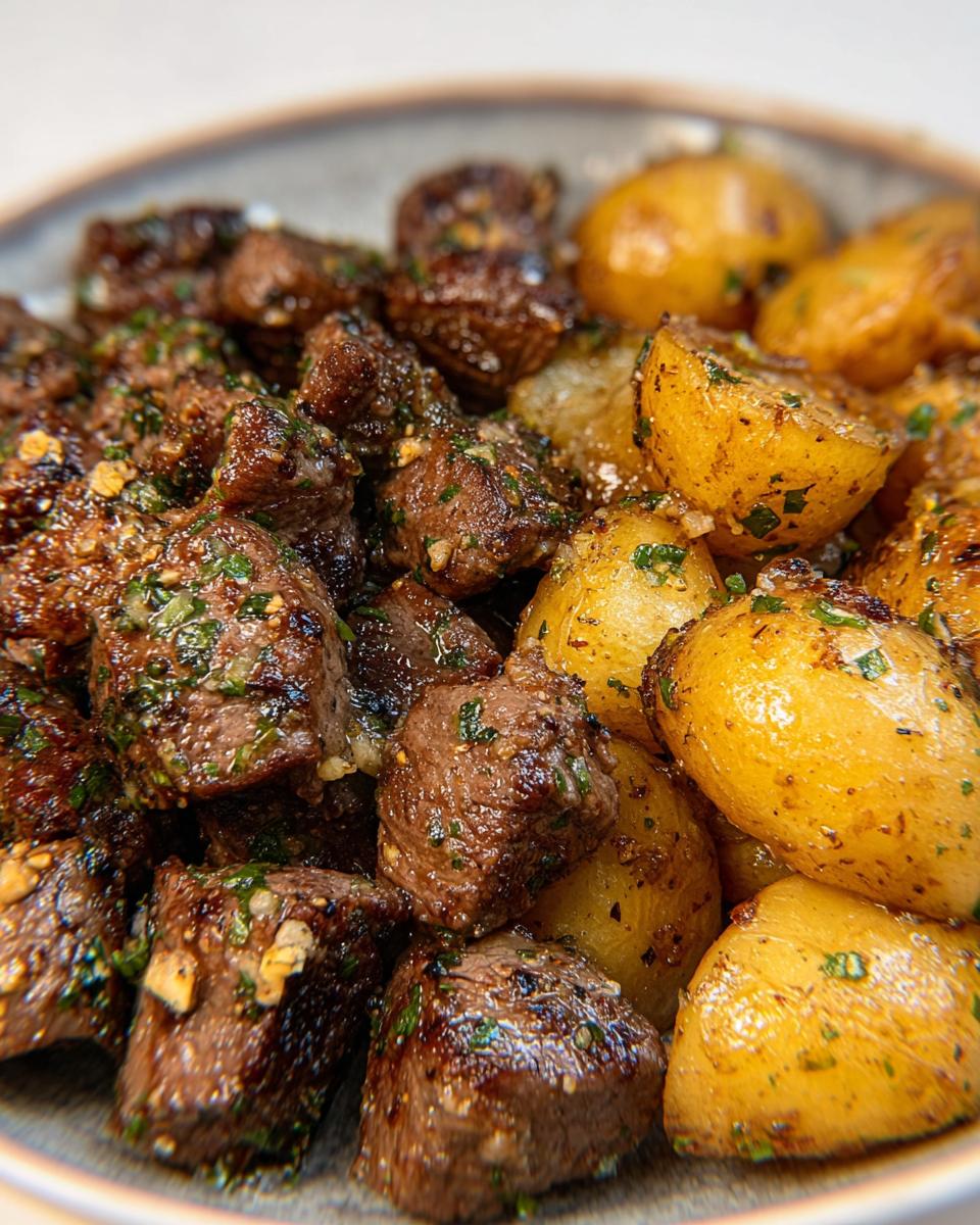 Close-up of juicy garlic steak bites and golden roasted potatoes, seasoned with herbs.