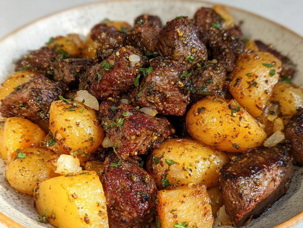 Close-up of juicy garlic steak bites mixed with golden roasted potatoes, seasoned with herbs.