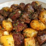Close-up of juicy garlic steak bites mixed with golden roasted potatoes, seasoned with herbs.