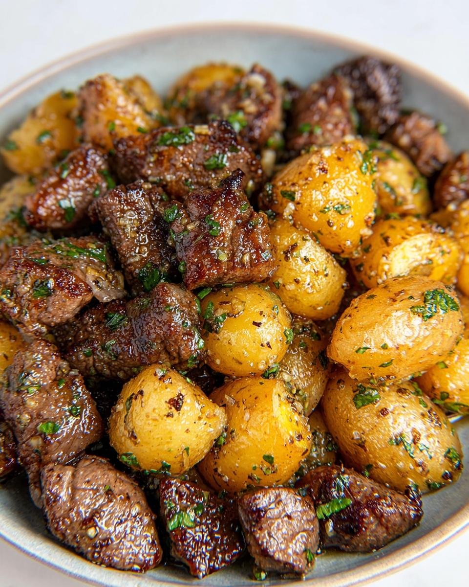 Close-up of The Best Garlic Steak Bites and Potatoes Recipe, featuring tender steak cubes and golden baby potatoes tossed with herbs.