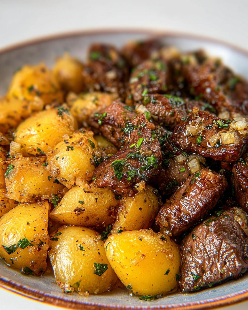 Close-up of golden roasted potatoes and savory garlic steak bites, seasoned with herbs.