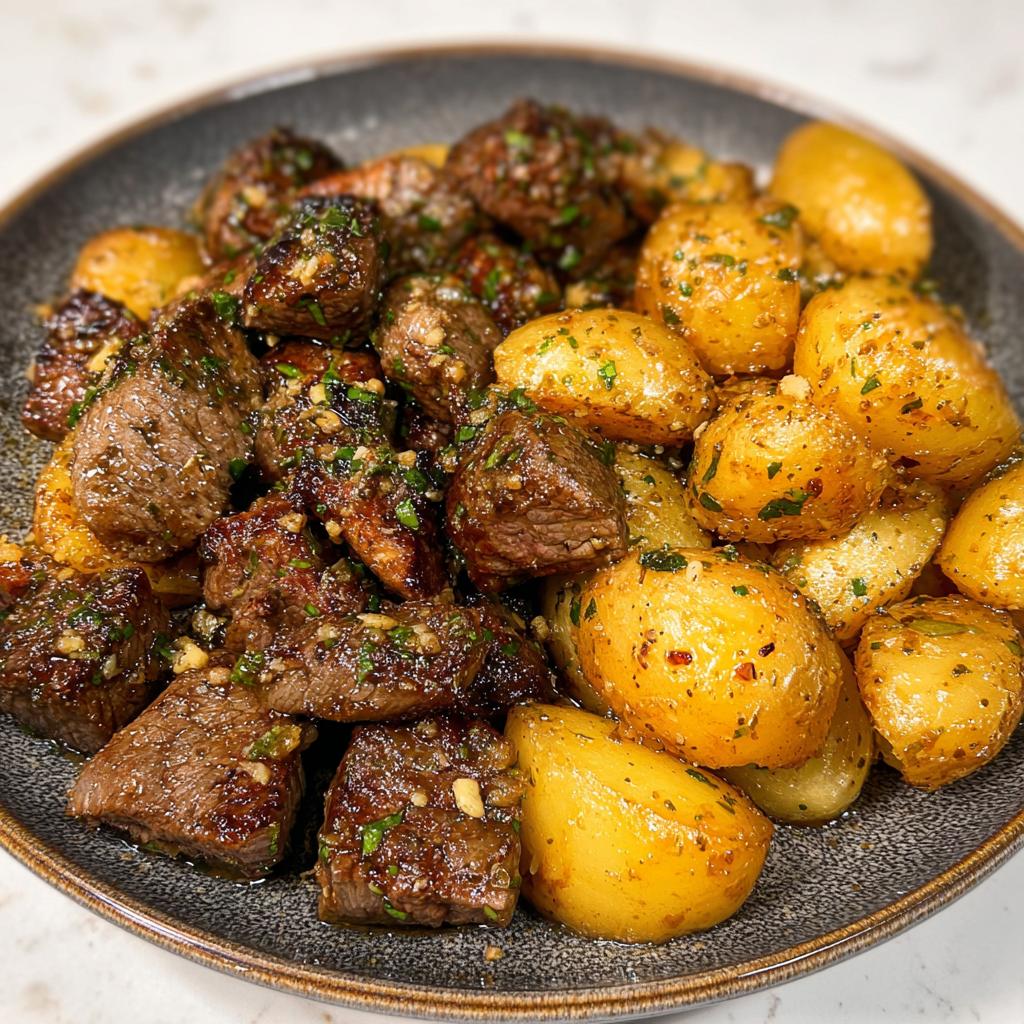Close-up of juicy garlic steak bites and golden roasted potatoes seasoned with herbs.