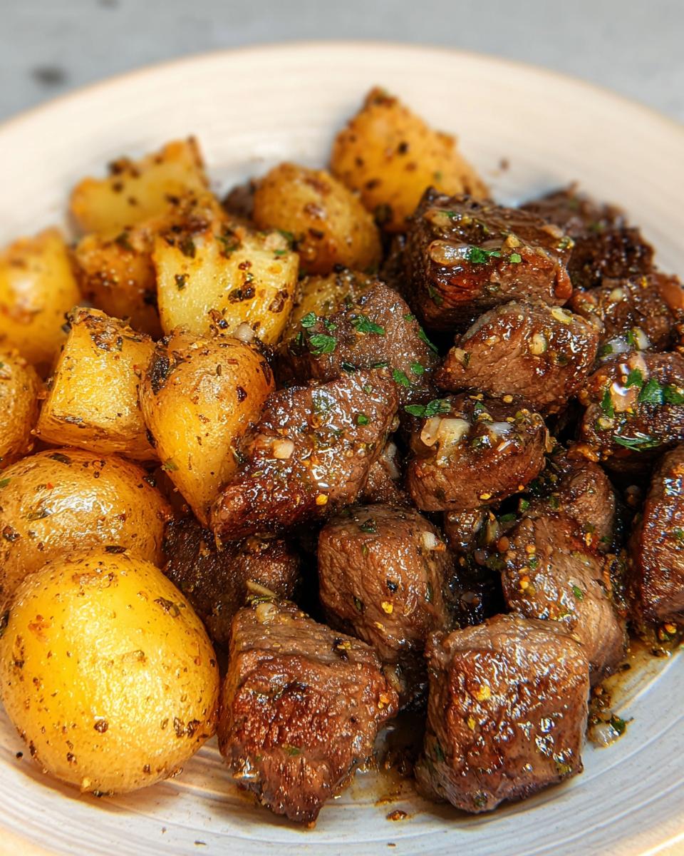 Close-up of juicy garlic steak bites and golden roasted potatoes seasoned with herbs.