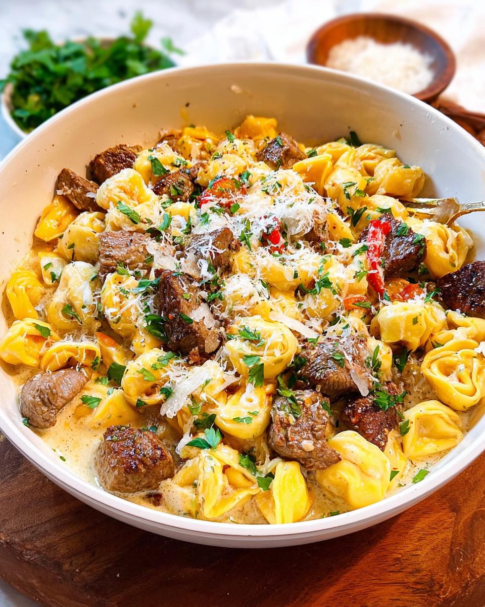 A bowl of Garlic Steak Tortellini in a rich, creamy sauce, topped with Parmesan cheese and parsley.