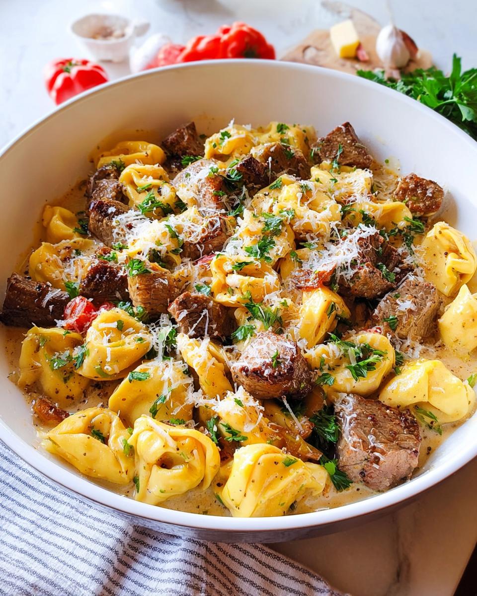 A close-up of Garlic Steak Tortellini, featuring tender steak pieces and cheese-filled pasta in a rich, creamy sauce, topped with parsley and Parmesan.