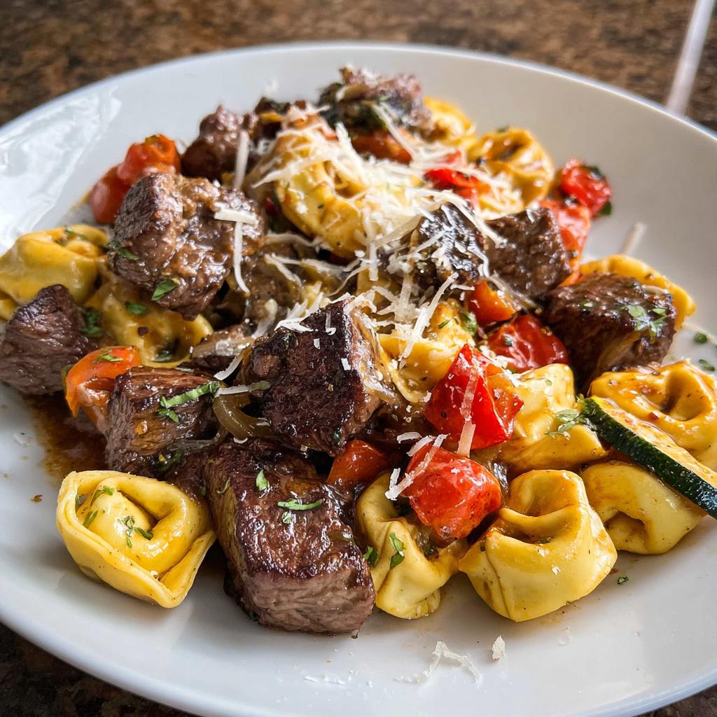 A close-up of Garlic Steak Tortellini with tender steak bites, cheese tortellini, cherry tomatoes, and zucchini.