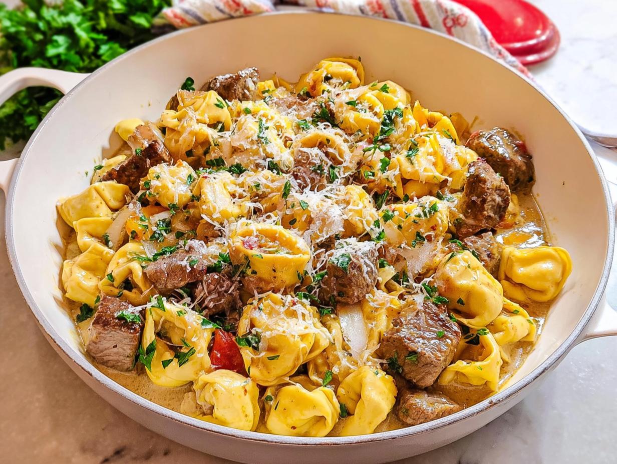 A close-up of a white pan filled with Garlic Steak Tortellini, garnished with parsley and grated cheese.
