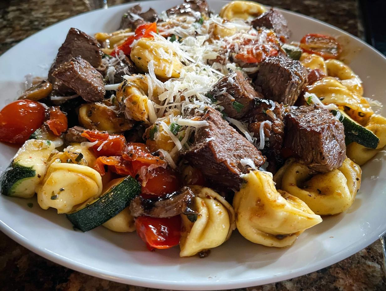 A close-up of a white plate filled with Garlic Steak Tortellini, featuring tender steak, pasta, cherry tomatoes, zucchini, and grated cheese.