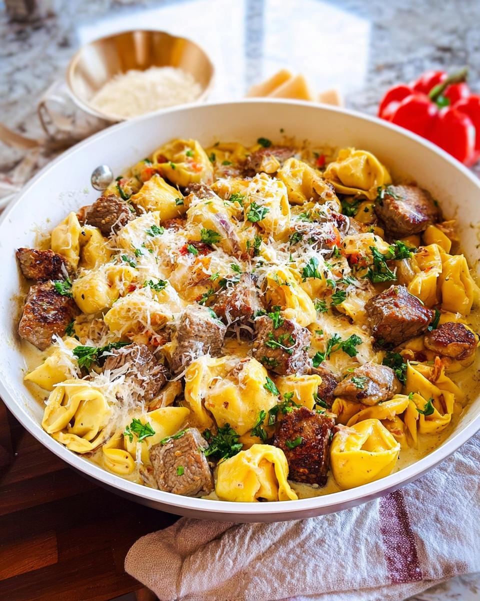 A close-up of a skillet filled with Garlic Steak Tortellini in a rich, creamy sauce, topped with grated Parmesan and fresh parsley.