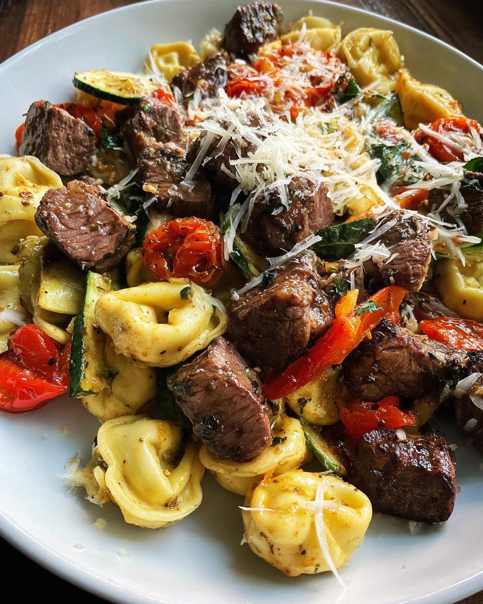 A close-up of Garlic Steak Tortellini mixed with colorful vegetables like zucchini, tomatoes, and bell peppers, topped with grated cheese.