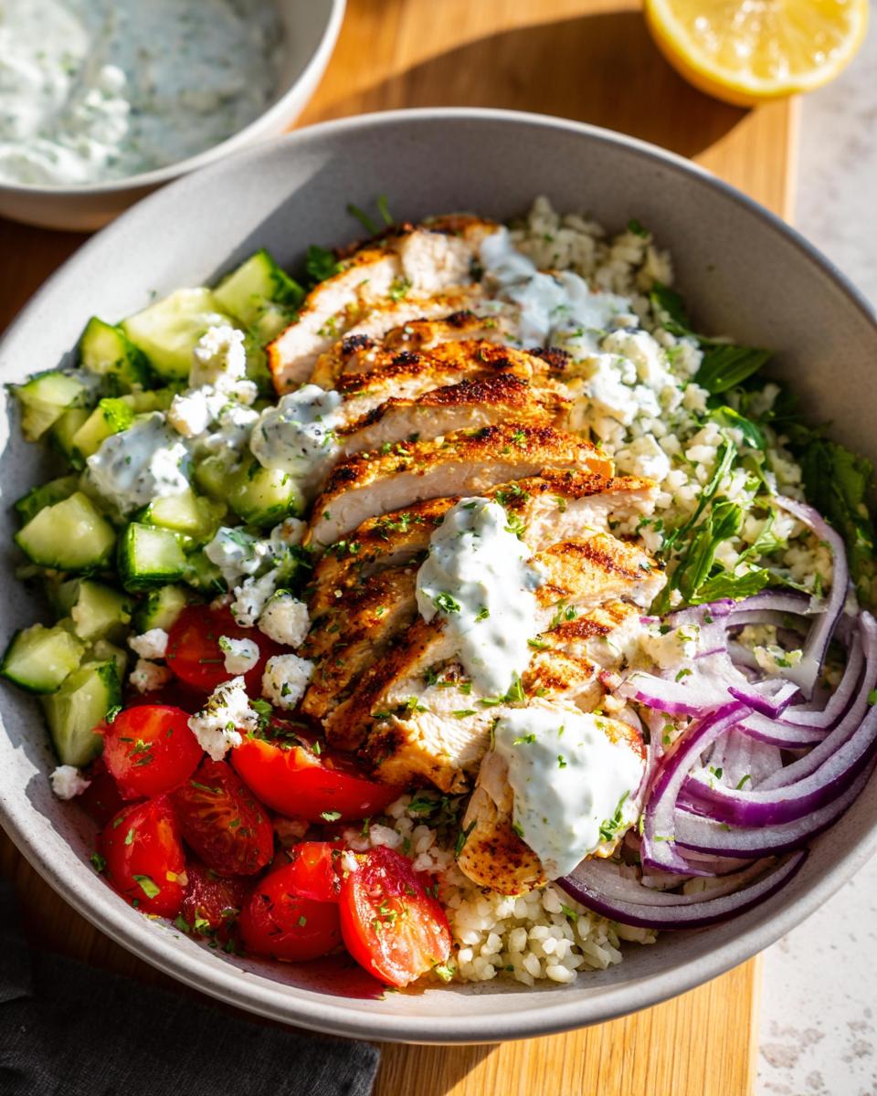 A close-up of a vibrant Greek Chicken Bowl, featuring sliced grilled chicken, rice, tomatoes, cucumbers, red onion, feta cheese, and tzatziki sauce.