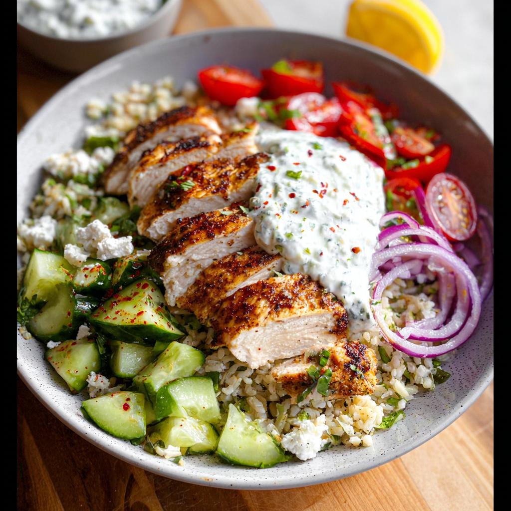 A vibrant bowl filled with seasoned Greek chicken, rice, cucumbers, tomatoes, red onions, feta, and tzatziki sauce.