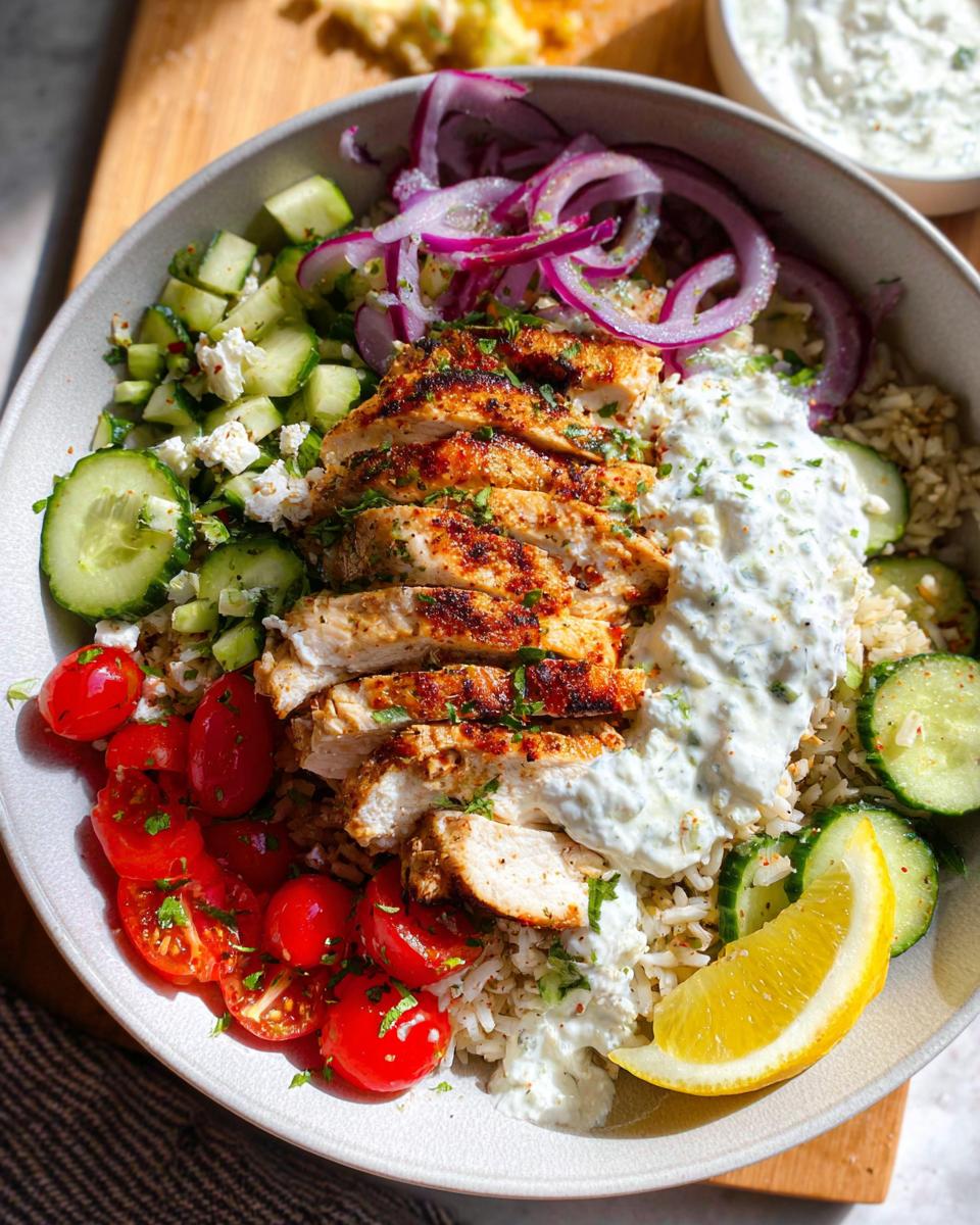 A vibrant bowl of Greek Chicken Bowls featuring sliced grilled chicken, rice, cucumber, tomatoes, red onion, and feta.