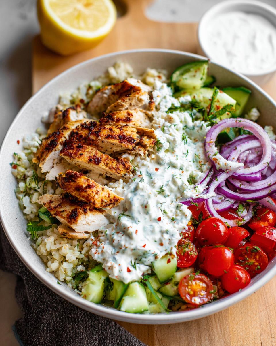 A vibrant bowl of Greek Chicken Bowls featuring grilled chicken, rice, cucumber, tomatoes, red onion, and tzatziki sauce.