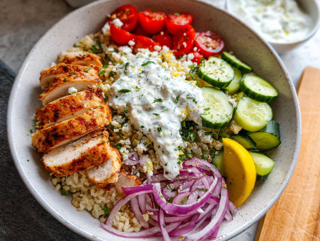 A vibrant bowl of Greek Chicken Bowls featuring sliced chicken, cucumber, tomatoes, red onion, and tzatziki sauce.