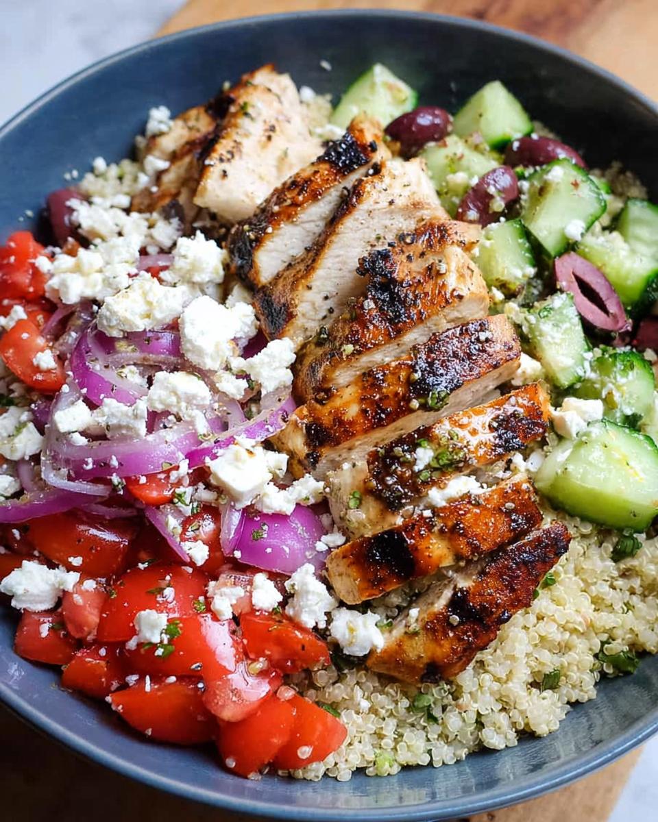 A close-up of a Greek Chicken Bowl with grilled chicken, quinoa, tomatoes, cucumbers, red onion, feta cheese, and olives.