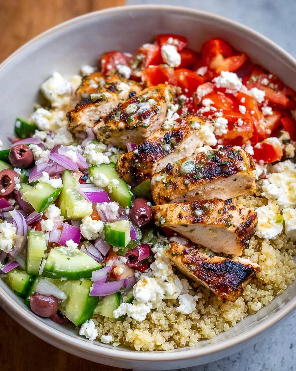 Close-up of a Greek Chicken Bowl with grilled chicken, quinoa, cucumber, tomato, red onion, olives, and feta cheese.