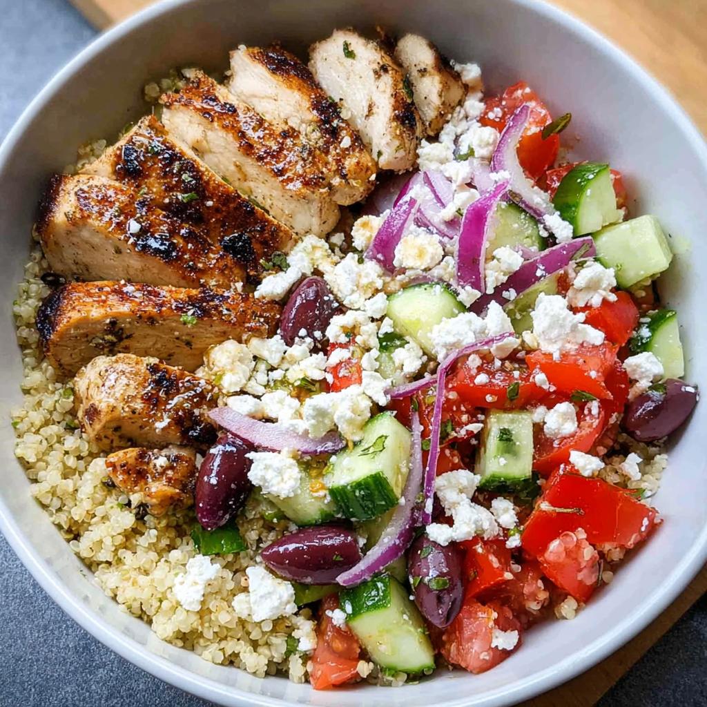 A close-up of a Greek Chicken Bowl with quinoa, sliced grilled chicken, tomatoes, cucumbers, red onion, olives, and feta cheese.
