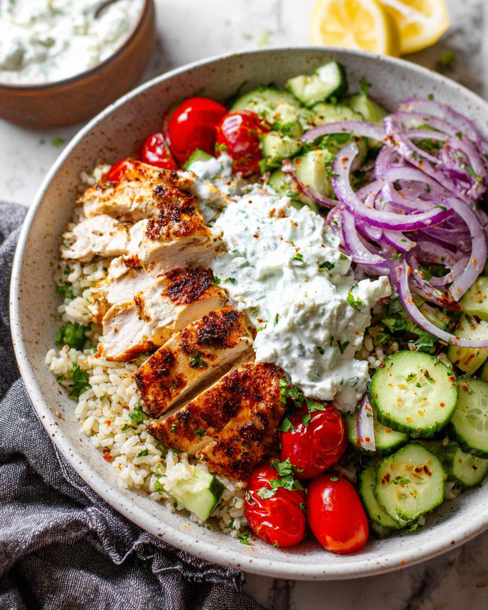 A vibrant bowl of Greek Chicken Bowls featuring sliced grilled chicken, rice, cucumber salad, tomatoes, red onion, and tzatziki sauce.