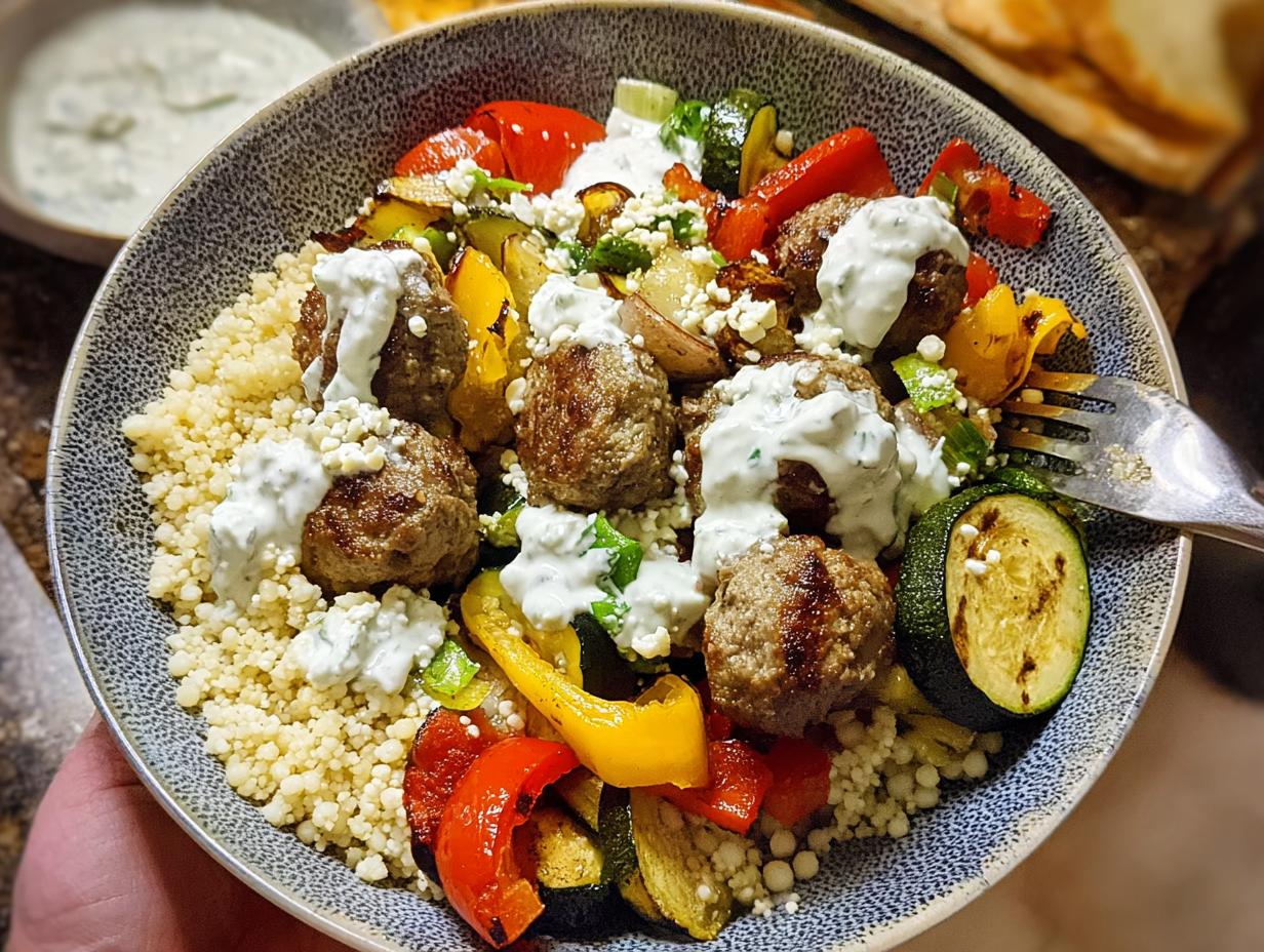 A delicious Greek Meatball Bowl featuring couscous, grilled meatballs, roasted vegetables, and a creamy tzatziki sauce.