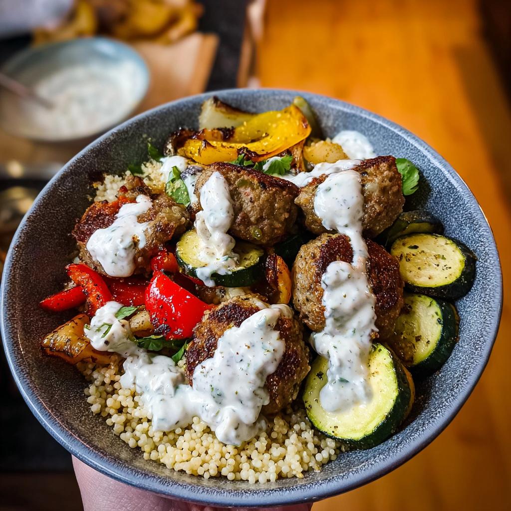 A close-up of a Greek Meatball Bowl Recipe featuring juicy meatballs, roasted vegetables, and couscous, drizzled with a creamy sauce.