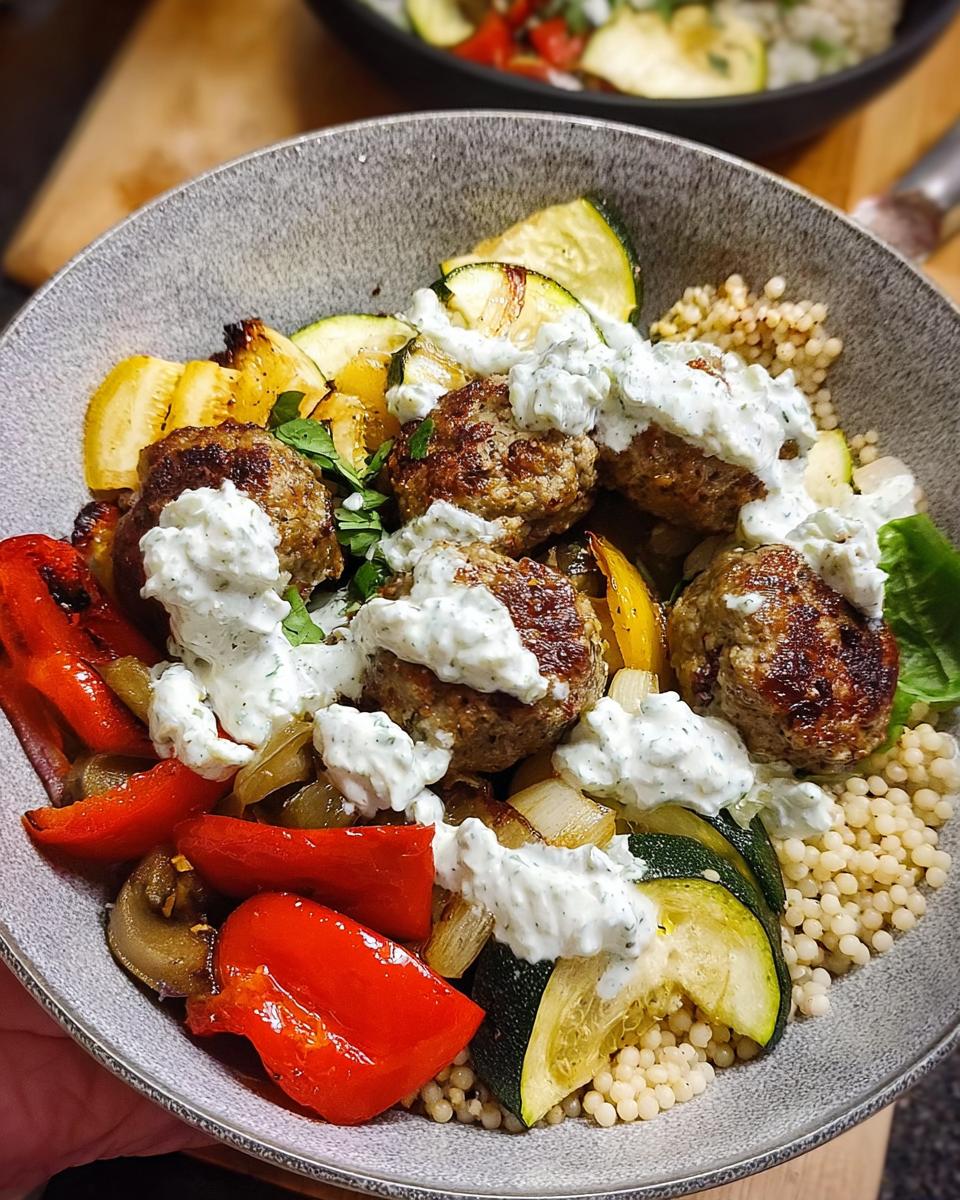 A delicious Greek Meatball Bowl Recipe featuring juicy meatballs, roasted vegetables, couscous, and a creamy yogurt sauce.