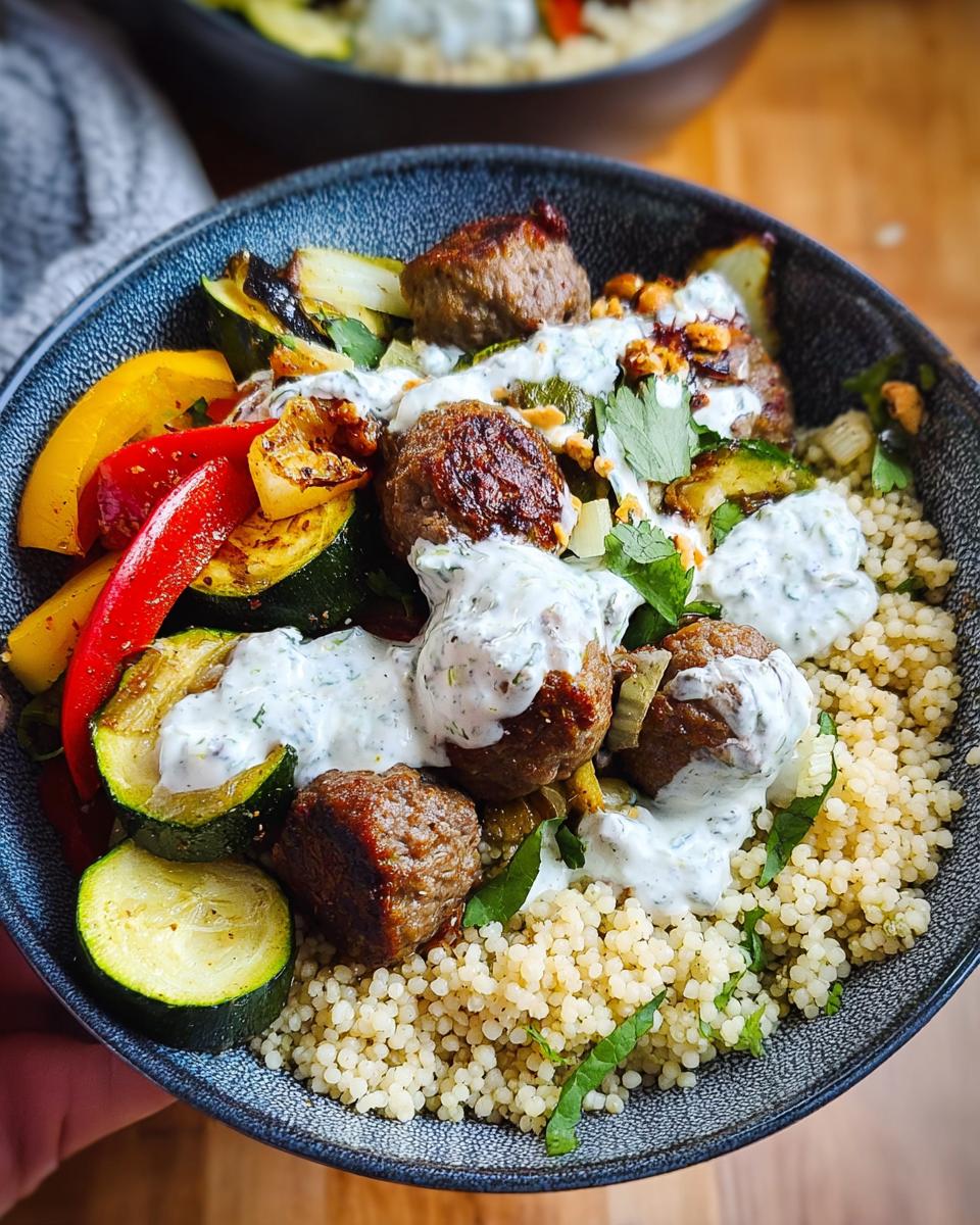 A delicious Greek Meatball Bowl Recipe featuring seasoned meatballs, grilled zucchini, bell peppers, and couscous, drizzled with a creamy sauce.