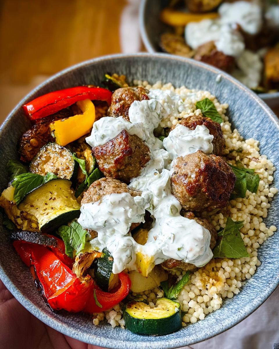 A close-up of a Greek Meatball Bowl featuring juicy meatballs, couscous, roasted zucchini, bell peppers, and a dollop of creamy tzatziki sauce.