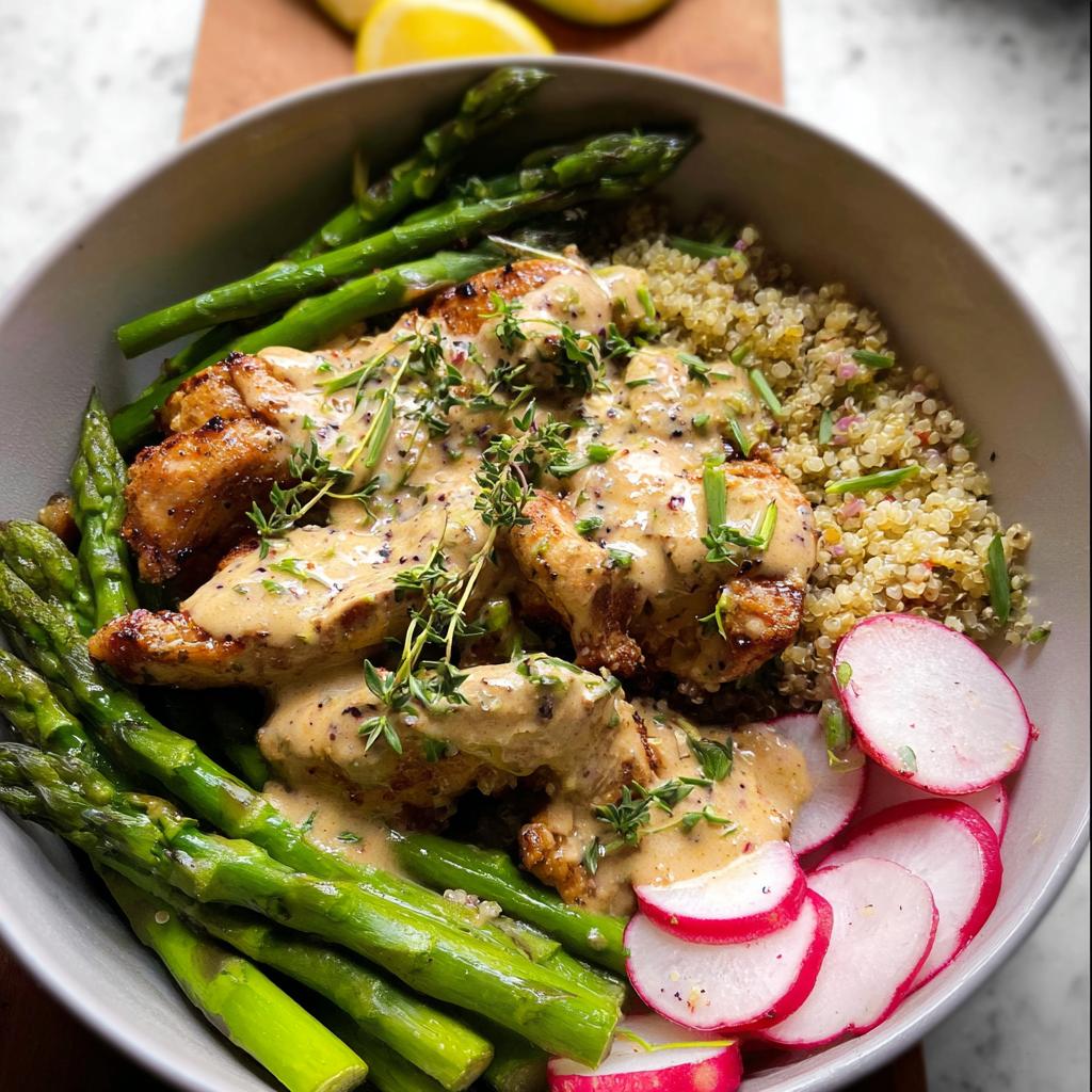 A healthy lemon garlic chicken meal prep bowl with quinoa, asparagus, and radishes.