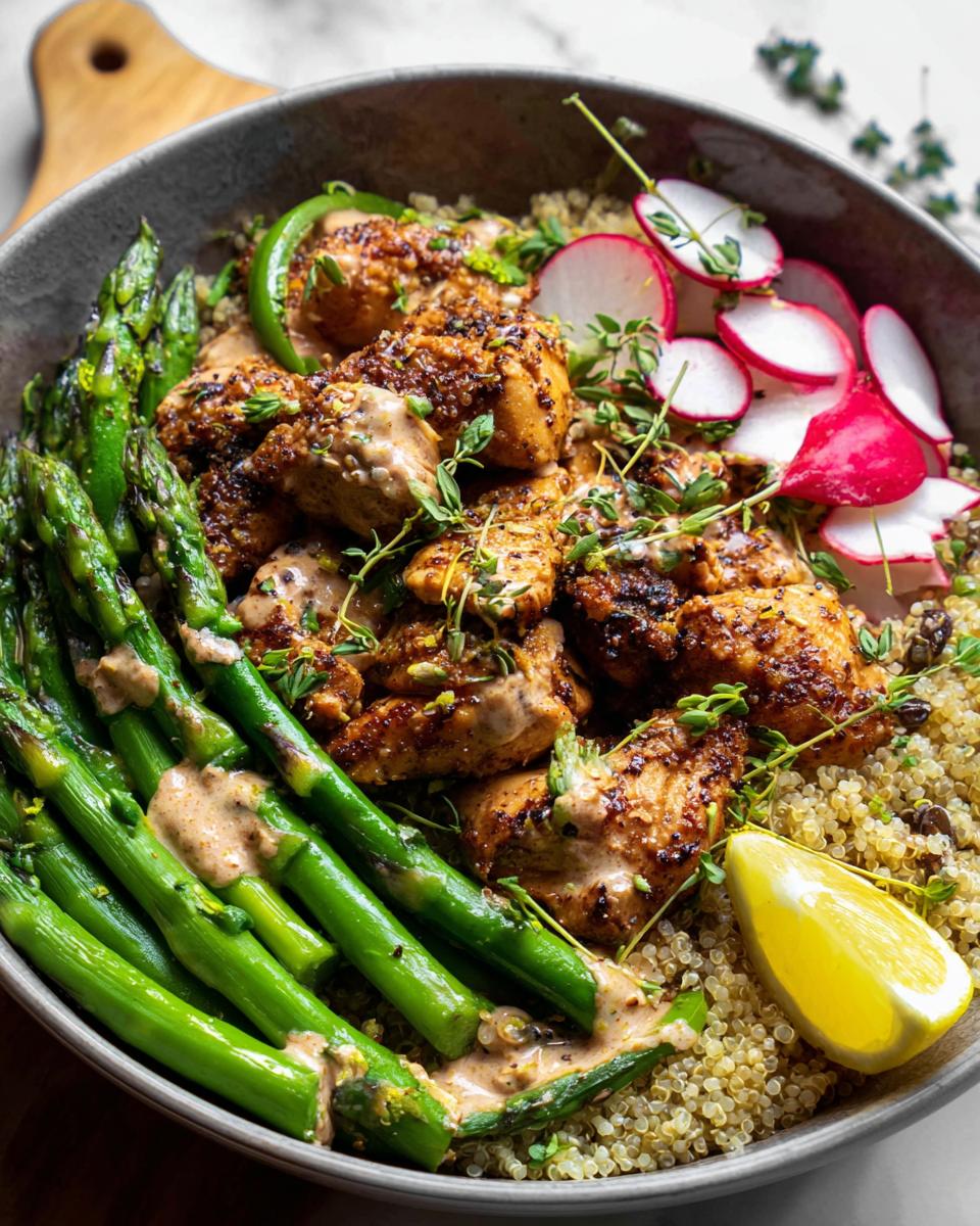 A healthy lemon garlic chicken meal prep bowl with quinoa, asparagus, radishes, and a lemon wedge.