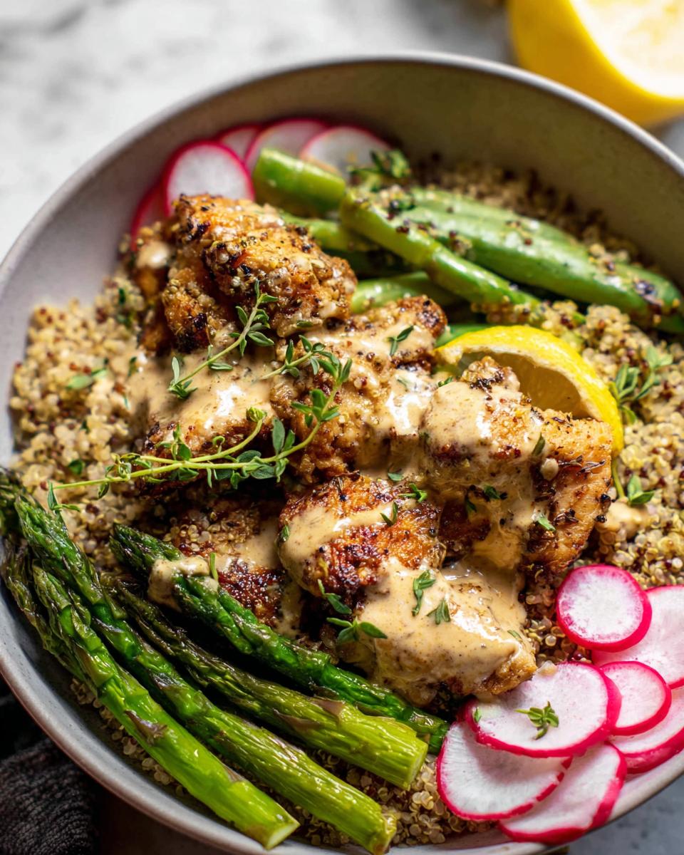 A healthy lemon garlic chicken meal prep bowl with quinoa, asparagus, radishes, and green beans.