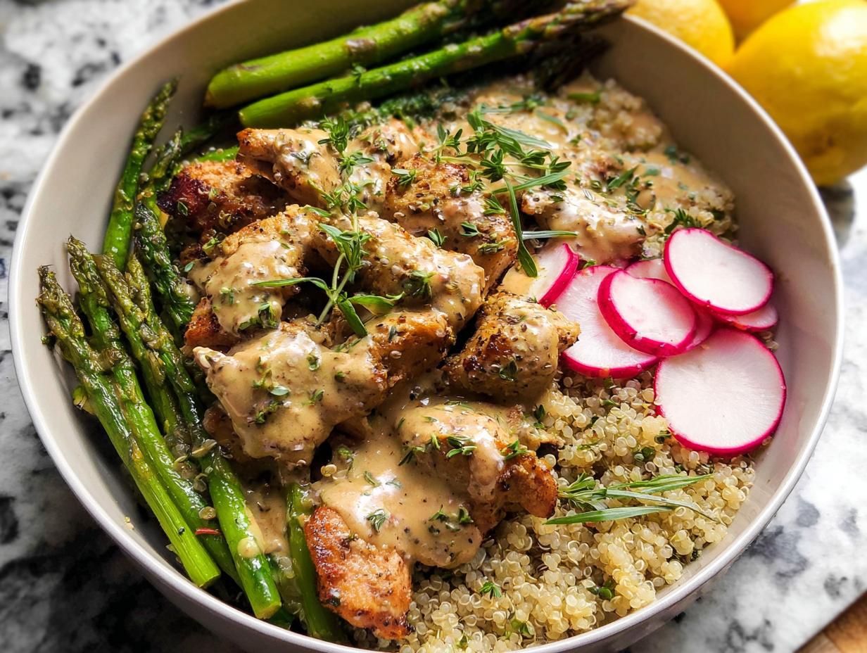 A healthy lemon garlic chicken meal prep bowl with quinoa, asparagus, and radishes, drizzled with sauce.