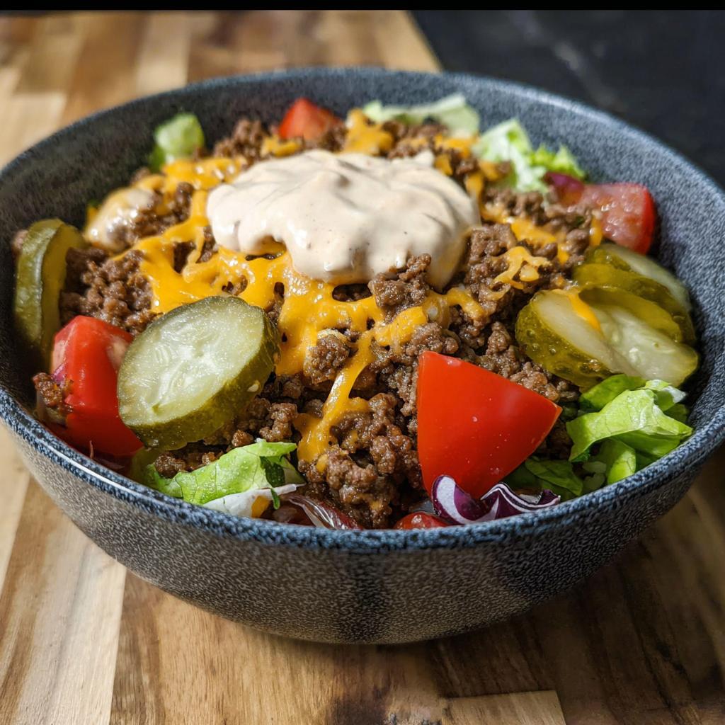 Close-up of a High-Protein Cheeseburger Bowl with seasoned ground beef, melted cheese, pickles, tomatoes, lettuce, and a dollop of sauce.
