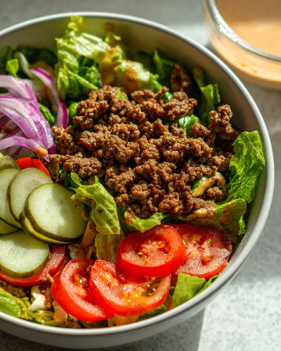 A delicious High-Protein Cheeseburger Bowl filled with seasoned ground beef, lettuce, tomatoes, pickles, and red onion.