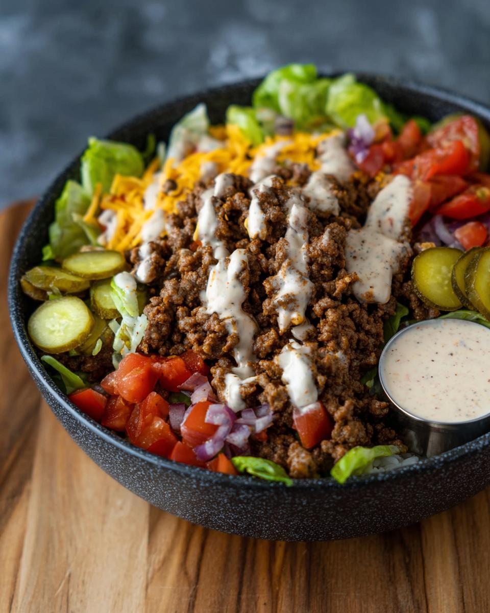 Close-up of a High-Protein Cheeseburger Bowl with seasoned ground beef, shredded lettuce, diced tomatoes, pickles, onions, and cheese, drizzled with sauce.