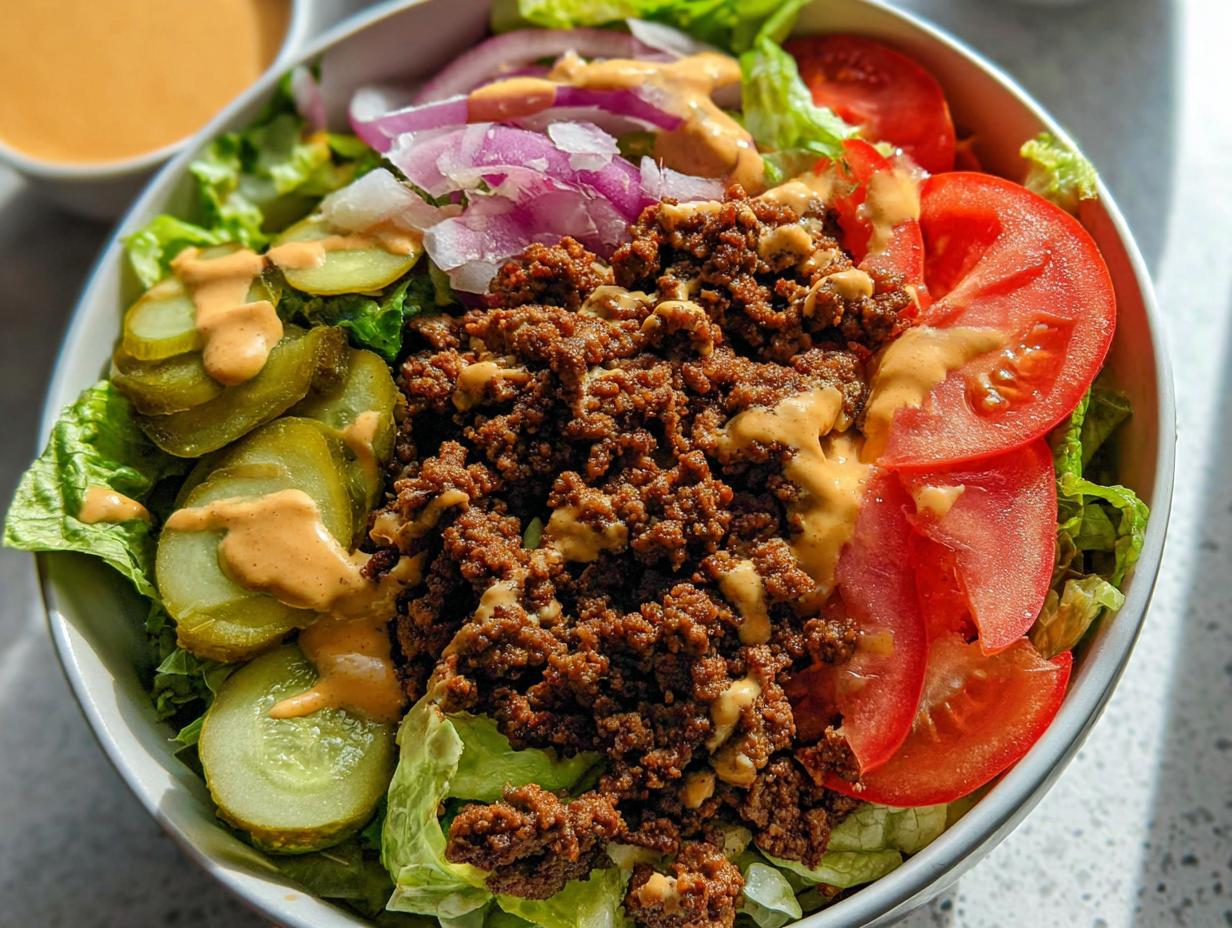 A close-up of a High-Protein Cheeseburger Bowl featuring seasoned ground beef, lettuce, tomato, pickles, red onion, and a creamy sauce.