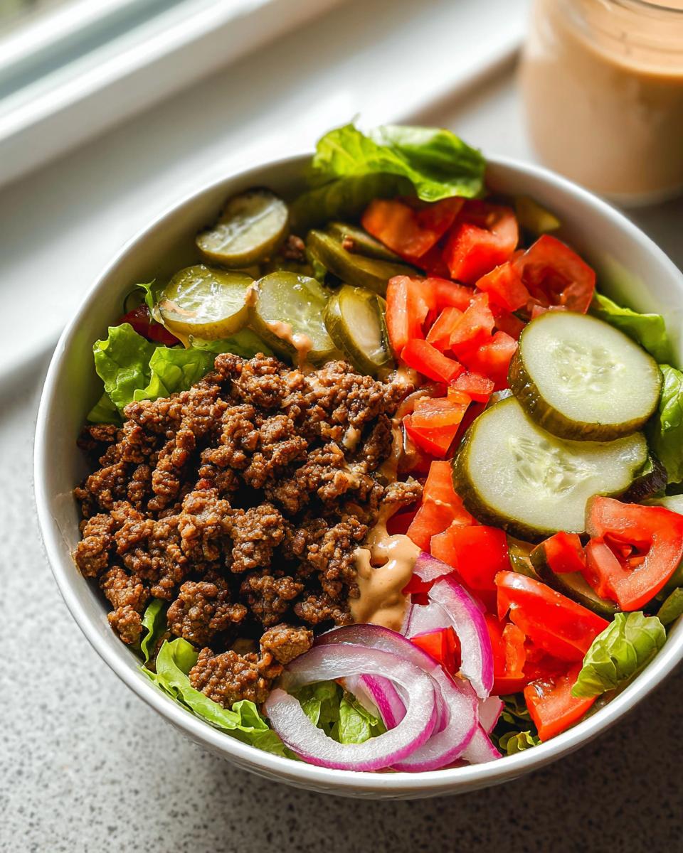 A close-up of a High-Protein Cheeseburger Bowl filled with seasoned ground beef, lettuce, tomatoes, pickles, and red onion.