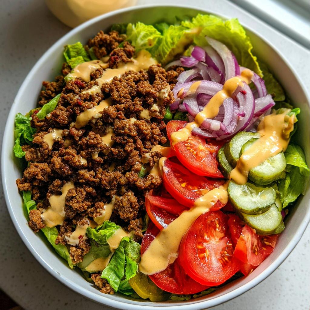 A delicious High-Protein Cheeseburger Bowl featuring seasoned ground beef, lettuce, tomatoes, red onion, pickles, and a creamy dressing.