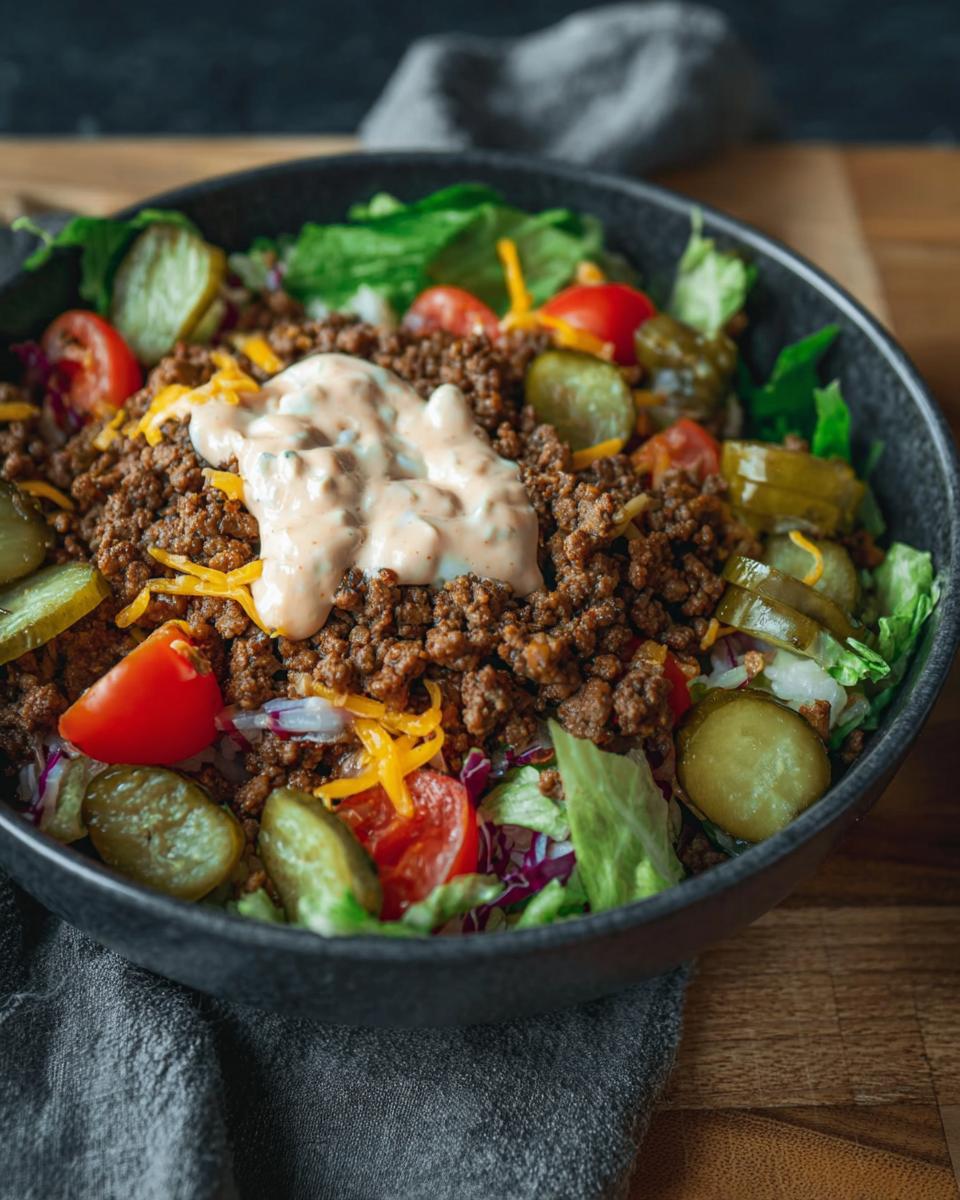 A delicious High-Protein Cheeseburger Bowl with seasoned ground beef, lettuce, tomatoes, pickles, cheese, and sauce.