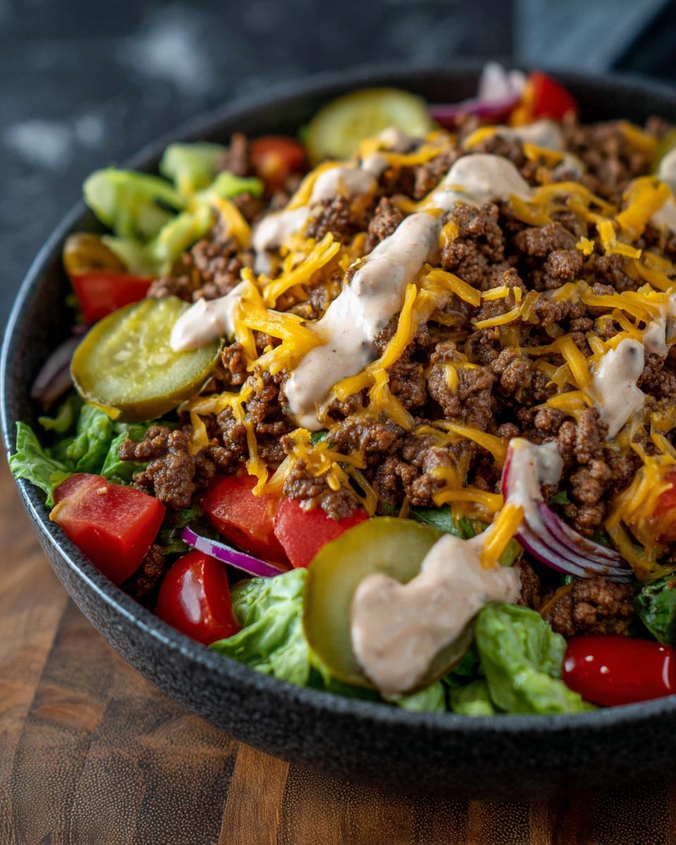 A close-up of a High-Protein Cheeseburger Bowl with seasoned ground beef, shredded cheddar cheese, lettuce, tomatoes, pickles, and a drizzle of sauce.