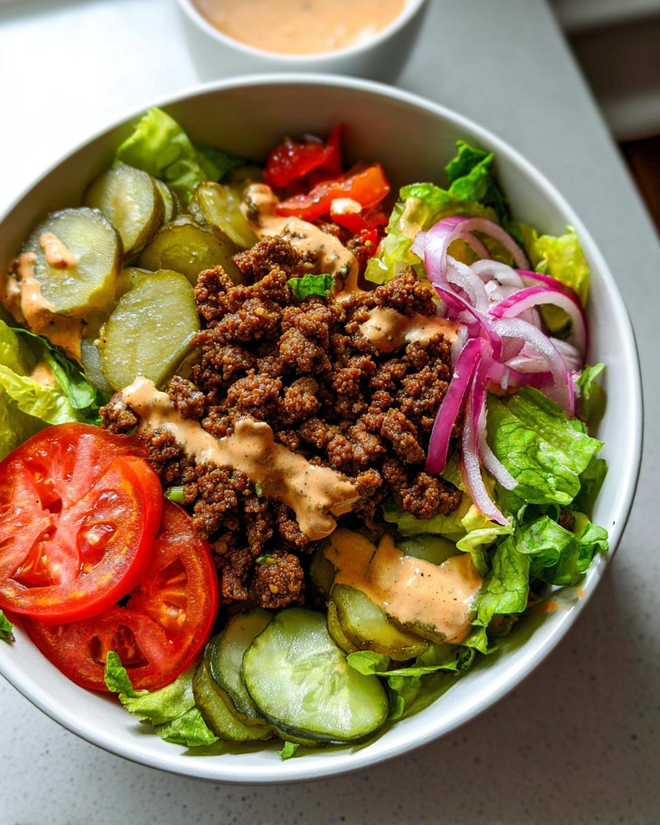Close-up of a High-Protein Cheeseburger Bowl with seasoned ground beef, lettuce, tomatoes, pickles, red onion, and a creamy sauce.
