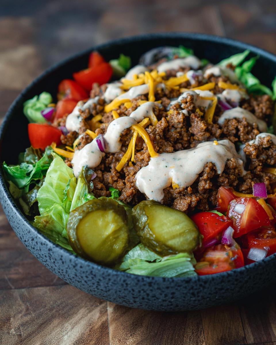 A delicious bowl filled with ground beef, lettuce, tomatoes, pickles, cheese, and a creamy dressing, representing the High-Protein Cheeseburger Bowls Recipe.