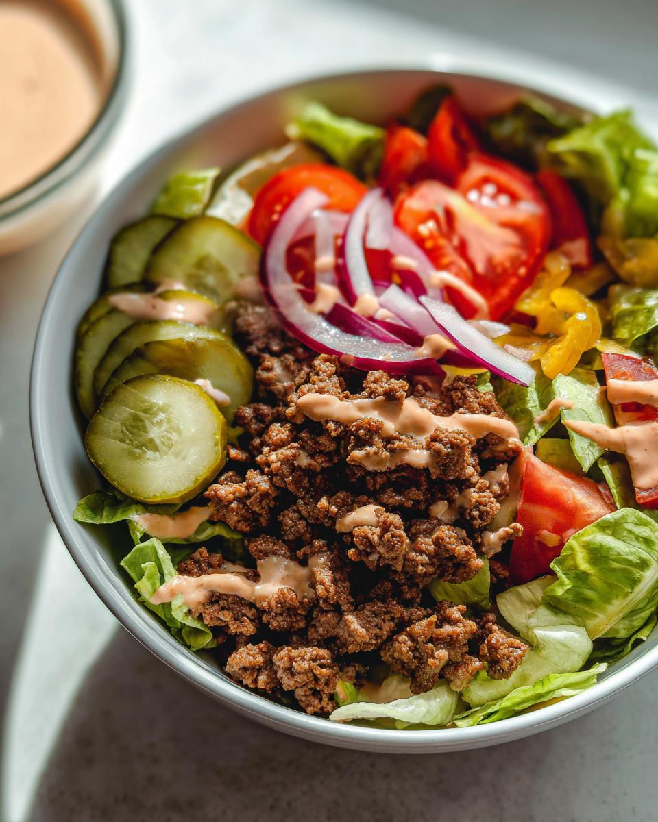 A delicious bowl filled with ground beef, lettuce, tomatoes, pickles, onions, and a creamy dressing, representing the High-Protein Cheeseburger Bowls Recipe.