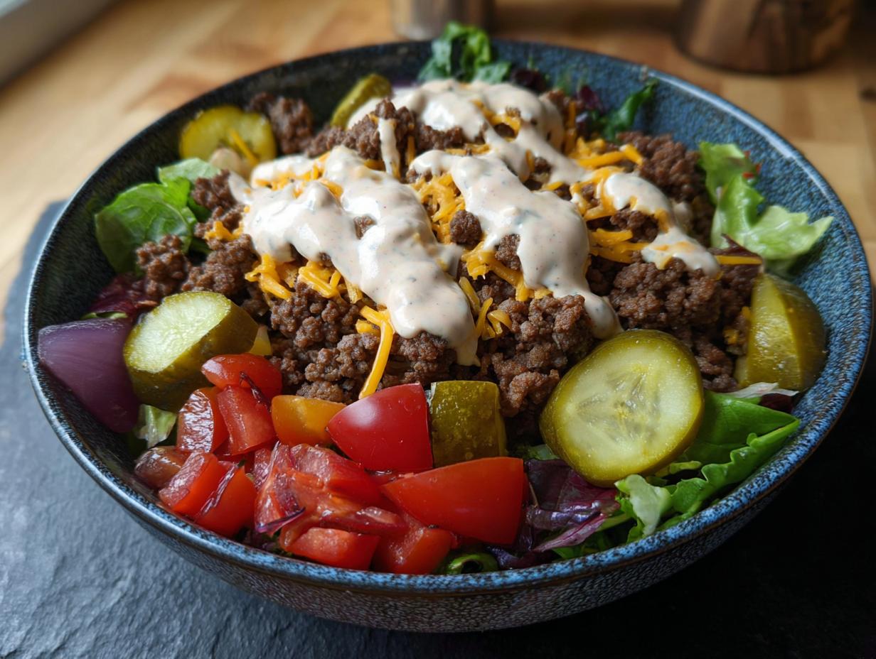 A delicious bowl of High-Protein Cheeseburger Bowls with ground beef, cheese, pickles, tomatoes, and a creamy dressing.