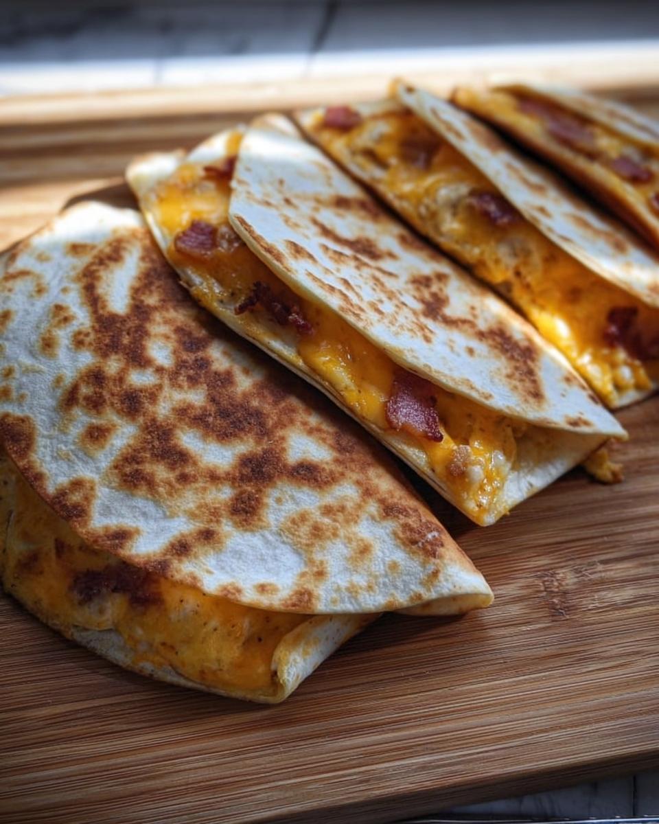Close-up of a High-Protein Chicken Ranch Quesadilla cut into wedges, filled with melted cheese and bacon.