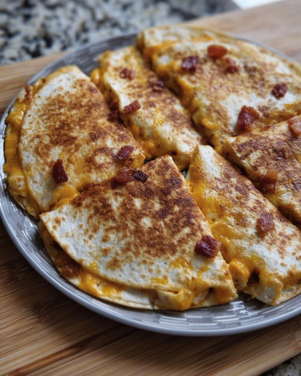 Golden brown slices of High-Protein Chicken Ranch Quesadilla filled with melted cheese and topped with crispy bacon bits.